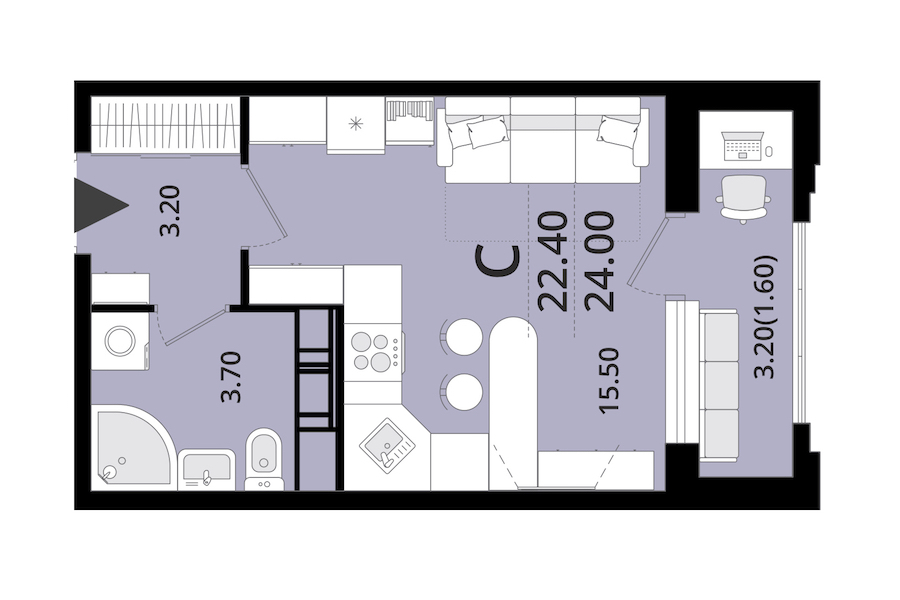 Квартира студия 24 м², 13/13 эт., ЖК «Тайм Сквер»